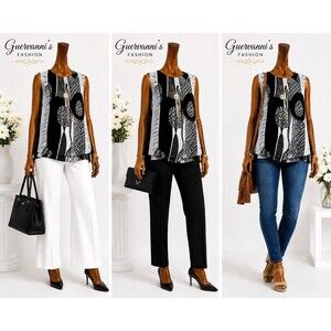 ROZ&ALI Womens XL Sleeveless Layered Chiffon Blouse Black White Abstract Career